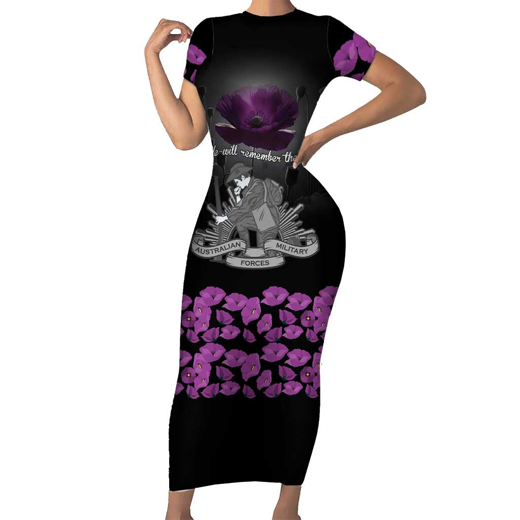 ANZAC Day Remembrance Short Sleeve Bodycon Dress Purple Poppy We Will Remember Them LT9 Long Dress Purple - Polynesian Pride