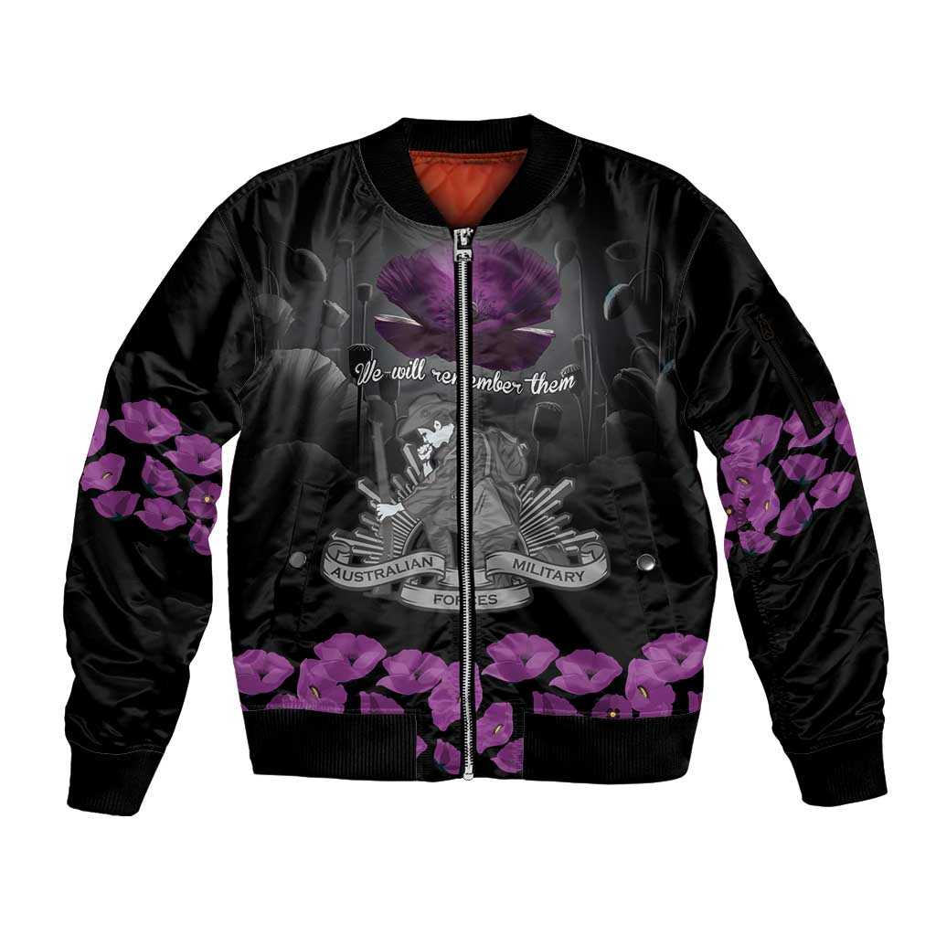 ANZAC Day Remembrance Sleeve Zip Bomber Jacket Purple Poppy We Will Remember Them LT9 Unisex Purple - Polynesian Pride
