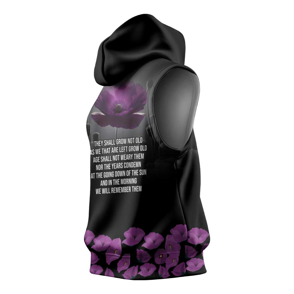 ANZAC Day Remembrance Sleeveless Hoodie Purple Poppy We Will Remember Them LT9 - Polynesian Pride