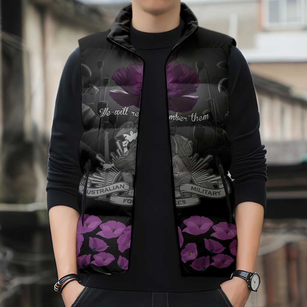 ANZAC Day Remembrance Sleeveless Puffer Jacket Purple Poppy We Will Remember Them LT9 - Polynesian Pride
