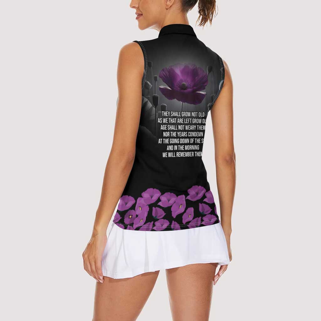ANZAC Day Remembrance Women Sleeveless Polo Shirt Purple Poppy We Will Remember Them LT9 - Polynesian Pride
