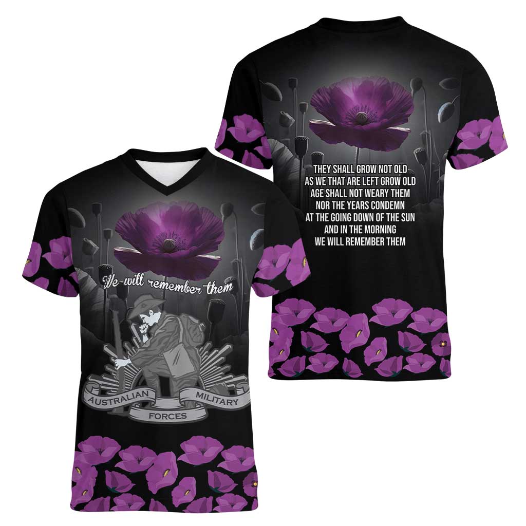 ANZAC Day Remembrance Women V-Neck T-Shirt Purple Poppy We Will Remember Them LT9 - Polynesian Pride