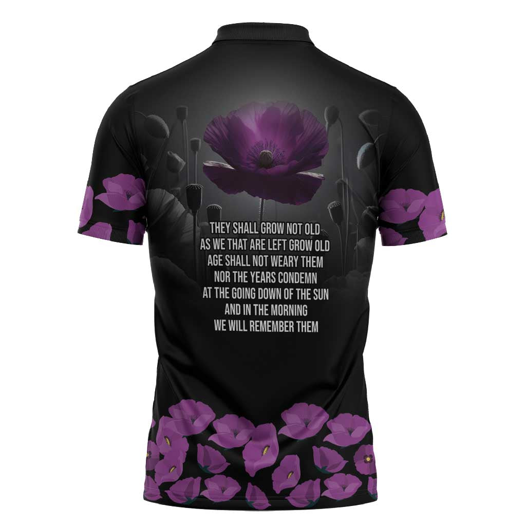 ANZAC Day Remembrance Zipper Polo Shirt Purple Poppy We Will Remember Them LT9 - Polynesian Pride