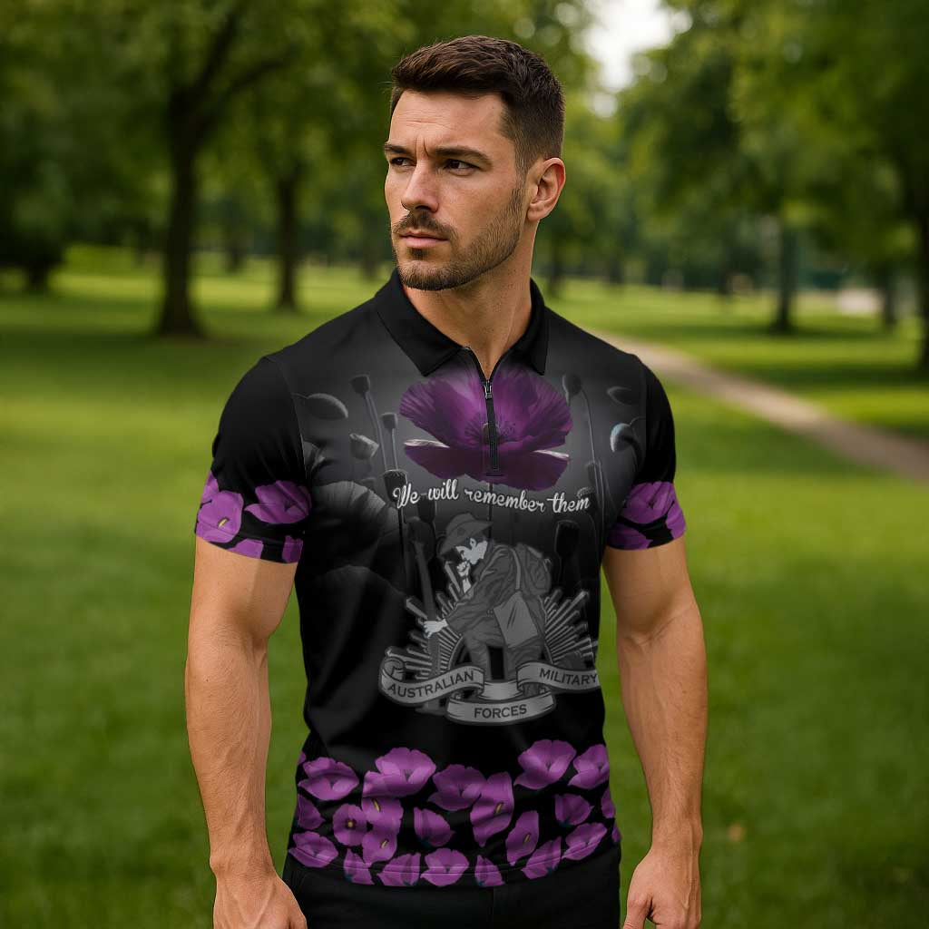 ANZAC Day Remembrance Zipper Polo Shirt Purple Poppy We Will Remember Them LT9 - Polynesian Pride