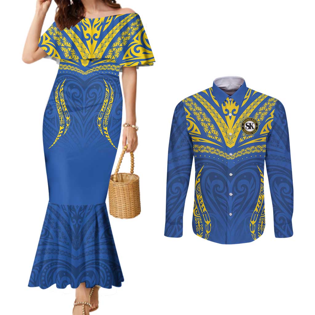 Custom Oceania Football Solomon Kings Couples Matching Mermaid Dress and Long Sleeve Button Shirt Polynesian Tribal Pattern LT9 Blue - Polynesian Pride
