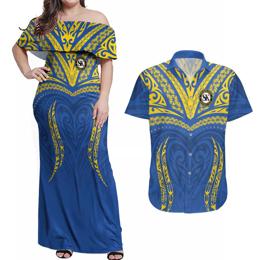 Custom Oceania Football Solomon Kings Couples Matching Off Shoulder Maxi Dress and Hawaiian Shirt Polynesian Tribal Pattern LT9 Blue - Polynesian Pride