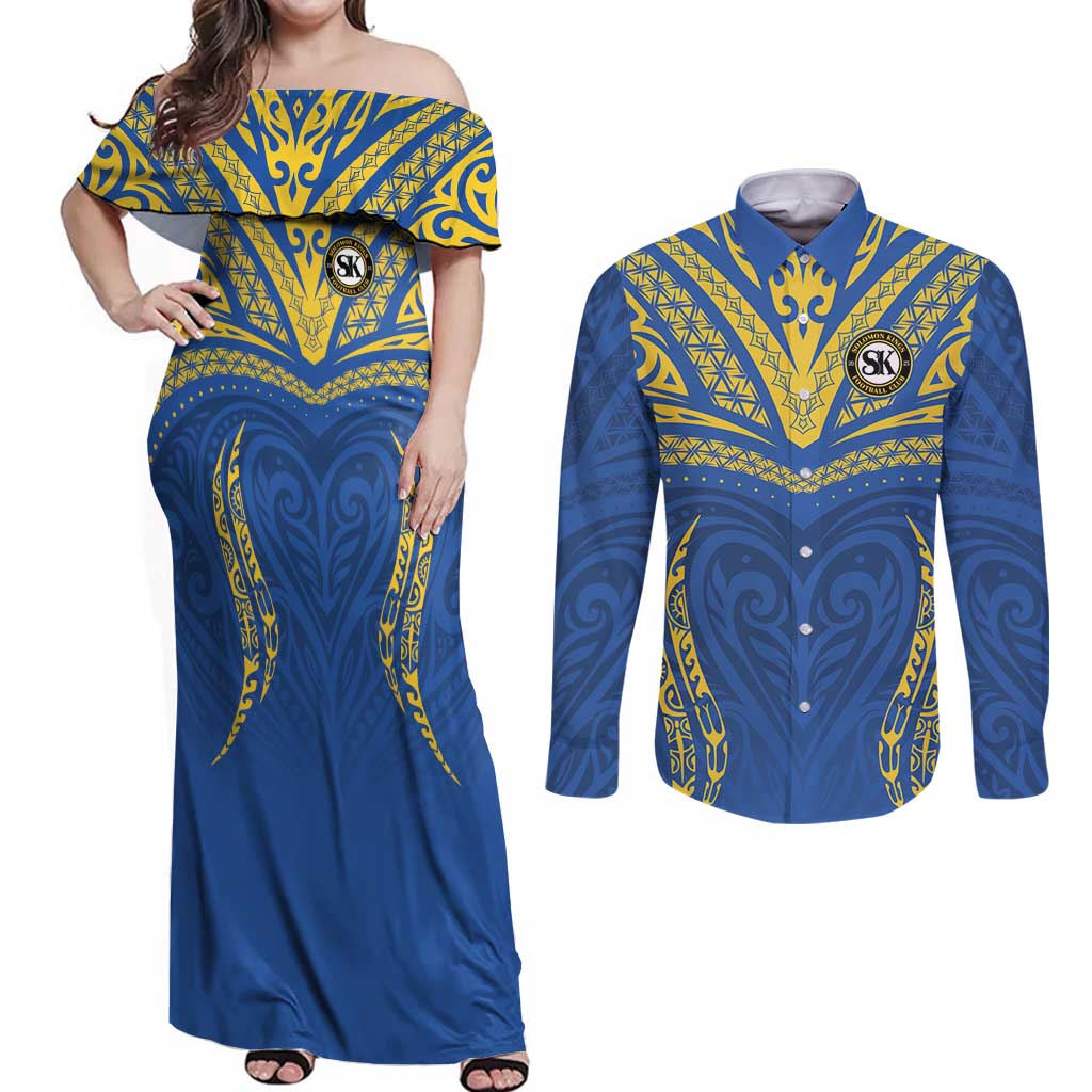 Custom Oceania Football Solomon Kings Couples Matching Off Shoulder Maxi Dress and Long Sleeve Button Shirt Polynesian Tribal Pattern LT9 Blue - Polynesian Pride