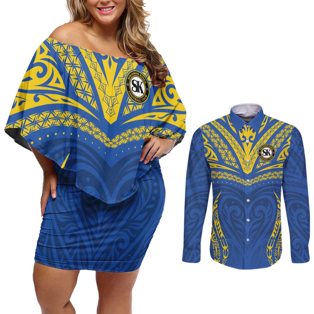 Custom Oceania Football Solomon Kings Couples Matching Off Shoulder Short Dress and Long Sleeve Button Shirt Polynesian Tribal Pattern LT9 Blue - Polynesian Pride