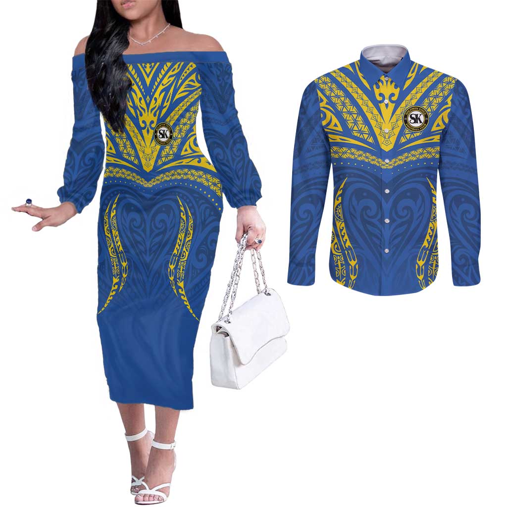 Custom Oceania Football Solomon Kings Couples Matching Off The Shoulder Long Sleeve Dress and Long Sleeve Button Shirt Polynesian Tribal Pattern LT9 Blue - Polynesian Pride
