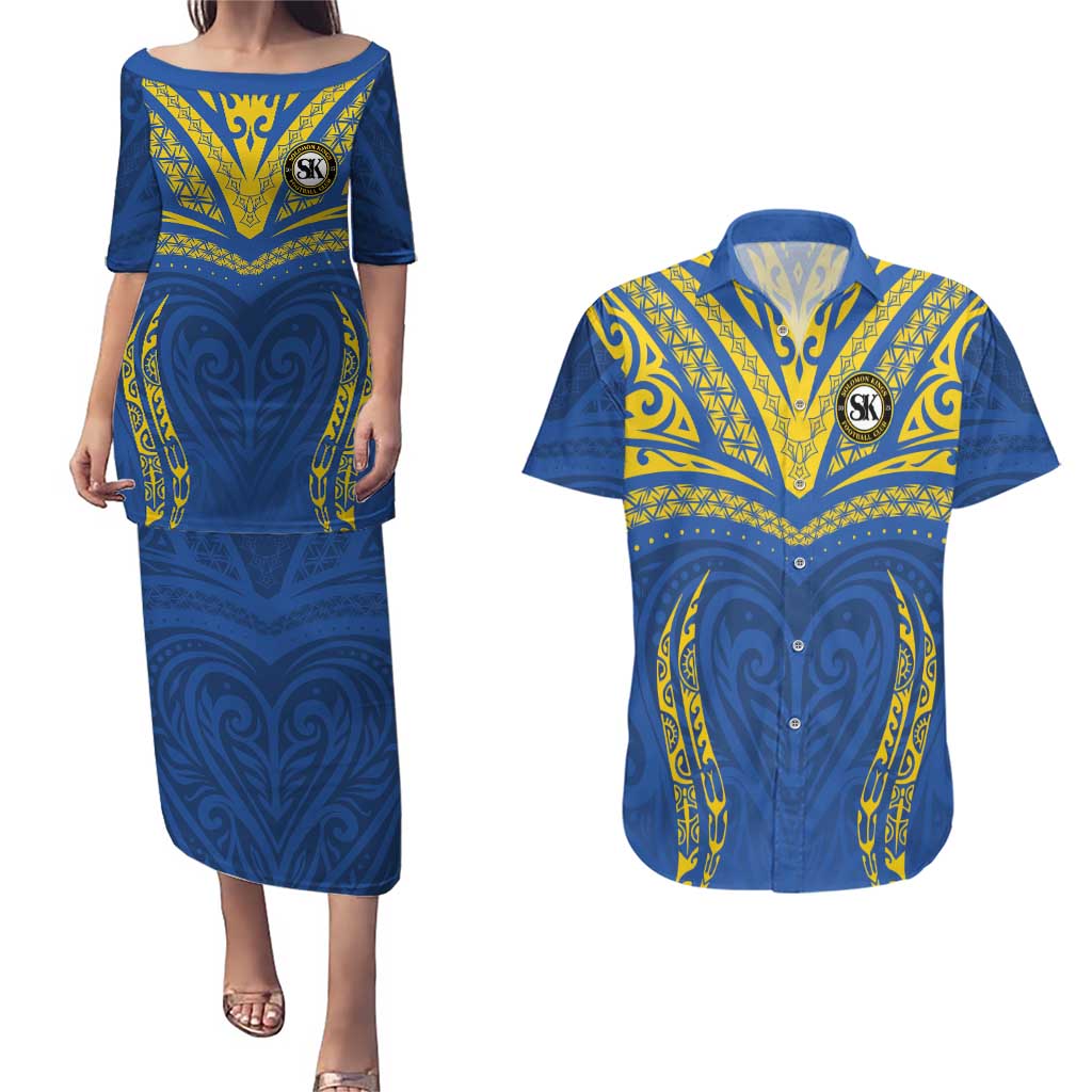 Custom Oceania Football Solomon Kings Couples Matching Puletasi and Hawaiian Shirt Polynesian Tribal Pattern LT9 Blue - Polynesian Pride