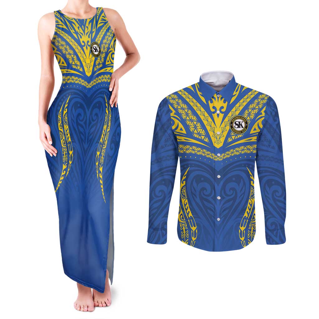 Custom Oceania Football Solomon Kings Couples Matching Tank Maxi Dress and Long Sleeve Button Shirt Polynesian Tribal Pattern LT9 Blue - Polynesian Pride