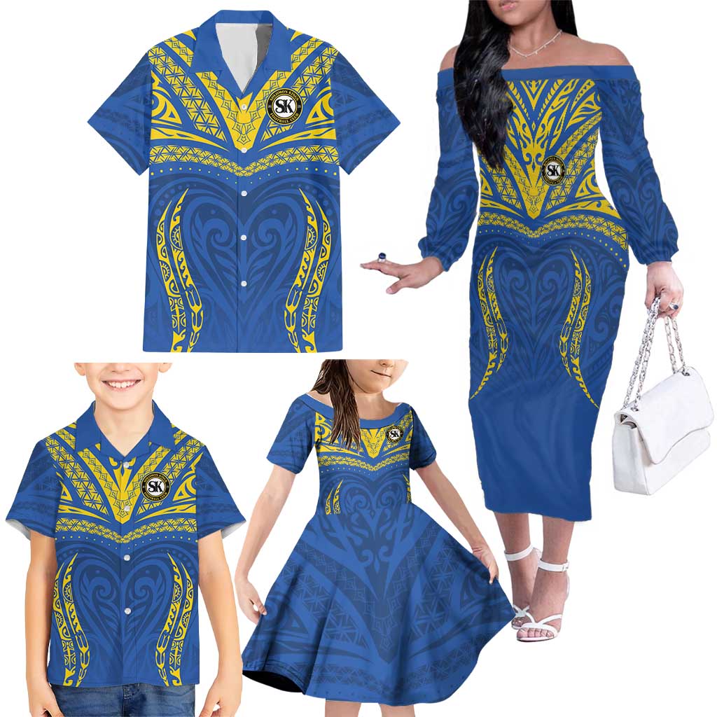Custom Oceania Football Solomon Kings Family Matching Off The Shoulder Long Sleeve Dress and Hawaiian Shirt Polynesian Tribal Pattern