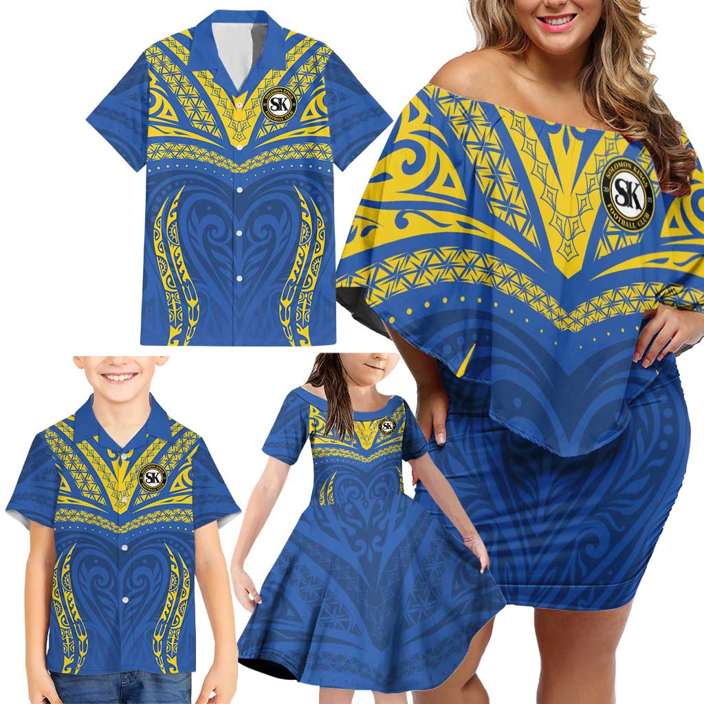 Custom Oceania Football Solomon Kings Family Matching Off Shoulder Short Dress and Hawaiian Shirt Polynesian Tribal Pattern