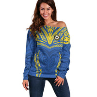 Custom Oceania Football Solomon Kings Off Shoulder Sweater Polynesian Tribal Pattern LT9 Women Blue - Polynesian Pride