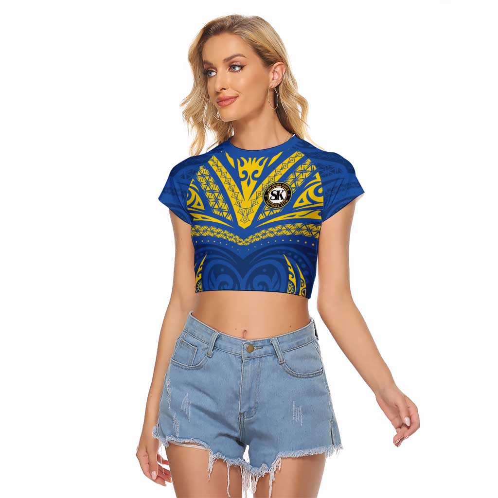 Custom Oceania Football Solomon Kings Raglan Cropped T Shirt Polynesian Tribal Pattern LT9 Female Blue - Polynesian Pride