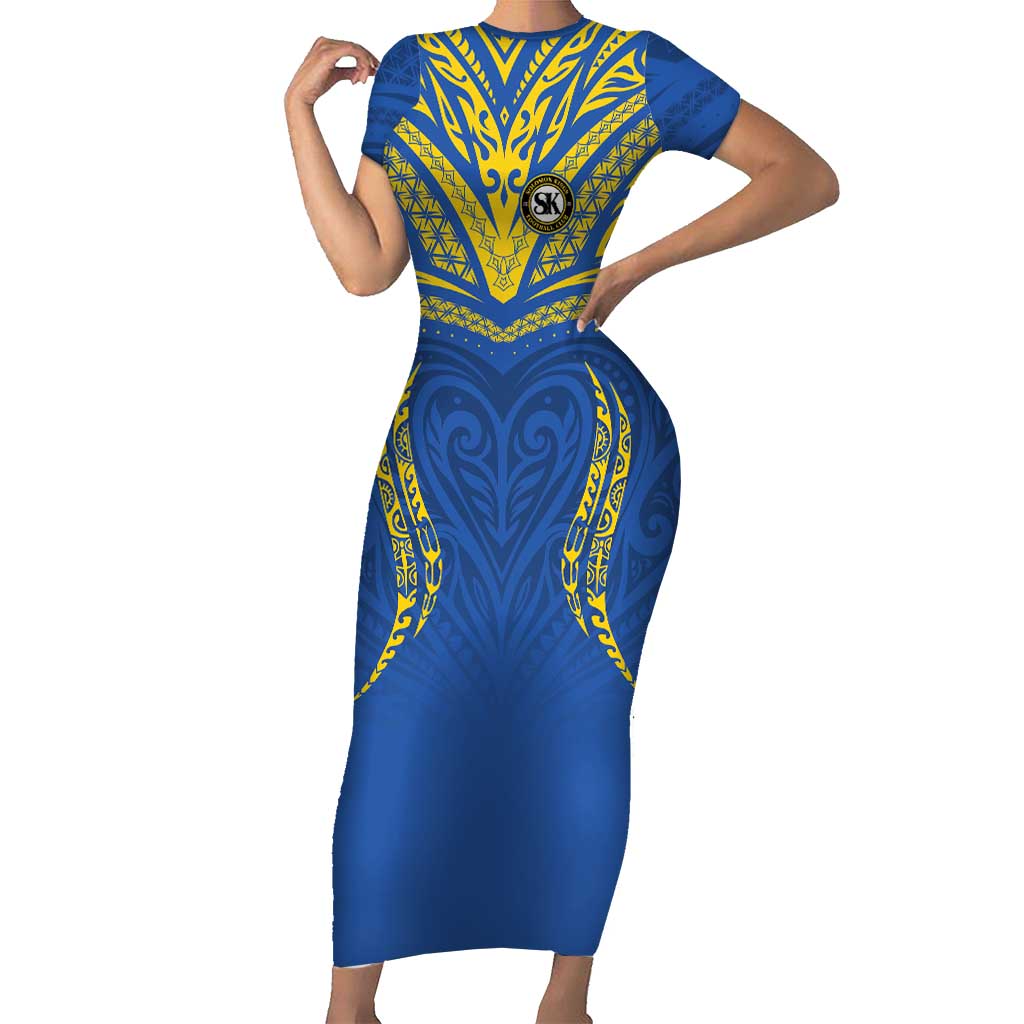 Custom Oceania Football Solomon Kings Short Sleeve Bodycon Dress Polynesian Tribal Pattern LT9 Long Dress Blue - Polynesian Pride