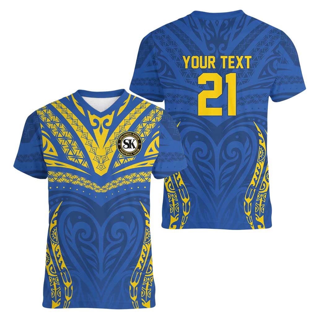 Custom Oceania Football Solomon Kings Women V-Neck T-Shirt Polynesian Tribal Pattern