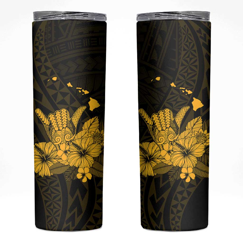 Gold Hawaiian Hibiscus Shaka Sign Skinny Tumbler