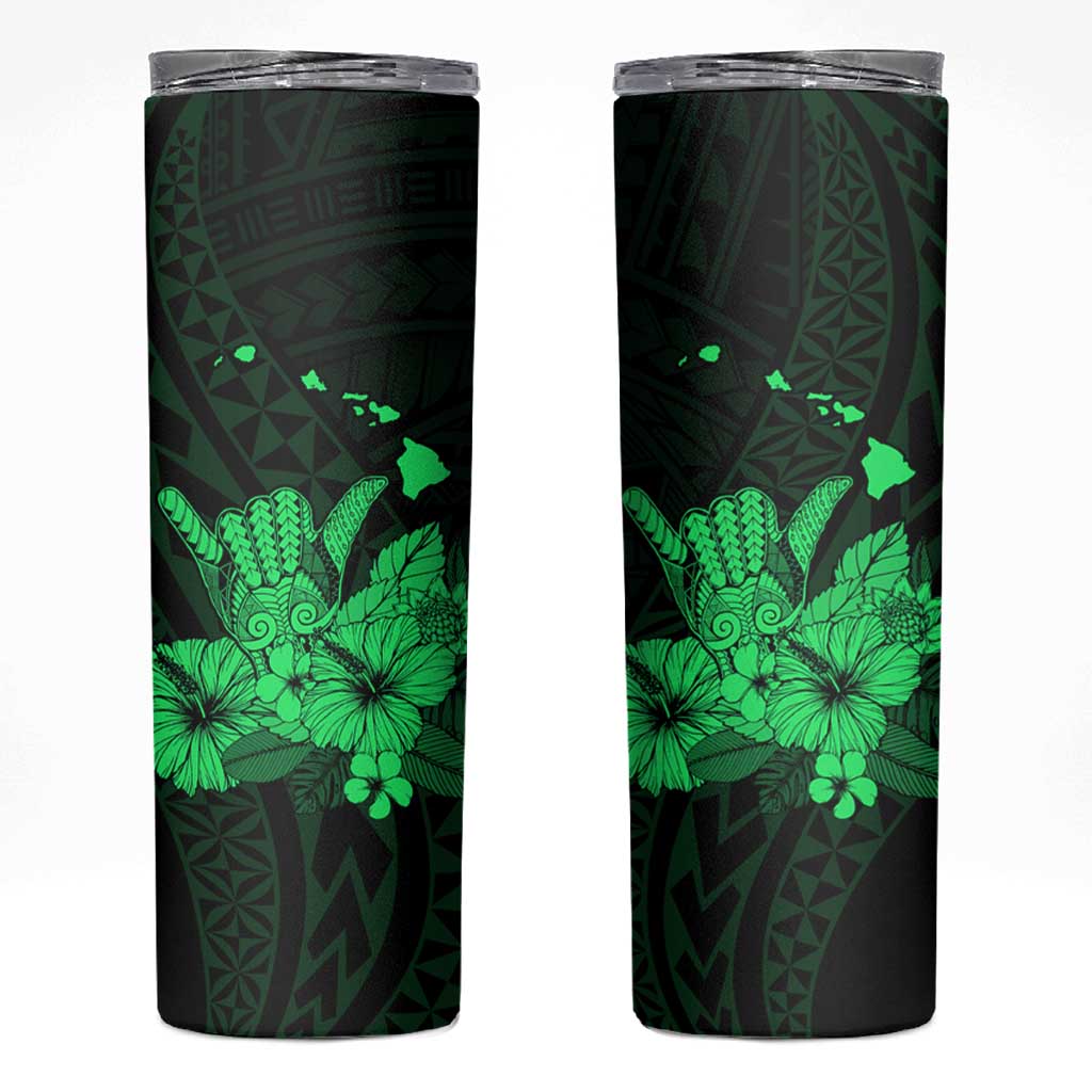 Green Hawaiian Hibiscus Shaka Sign Skinny Tumbler