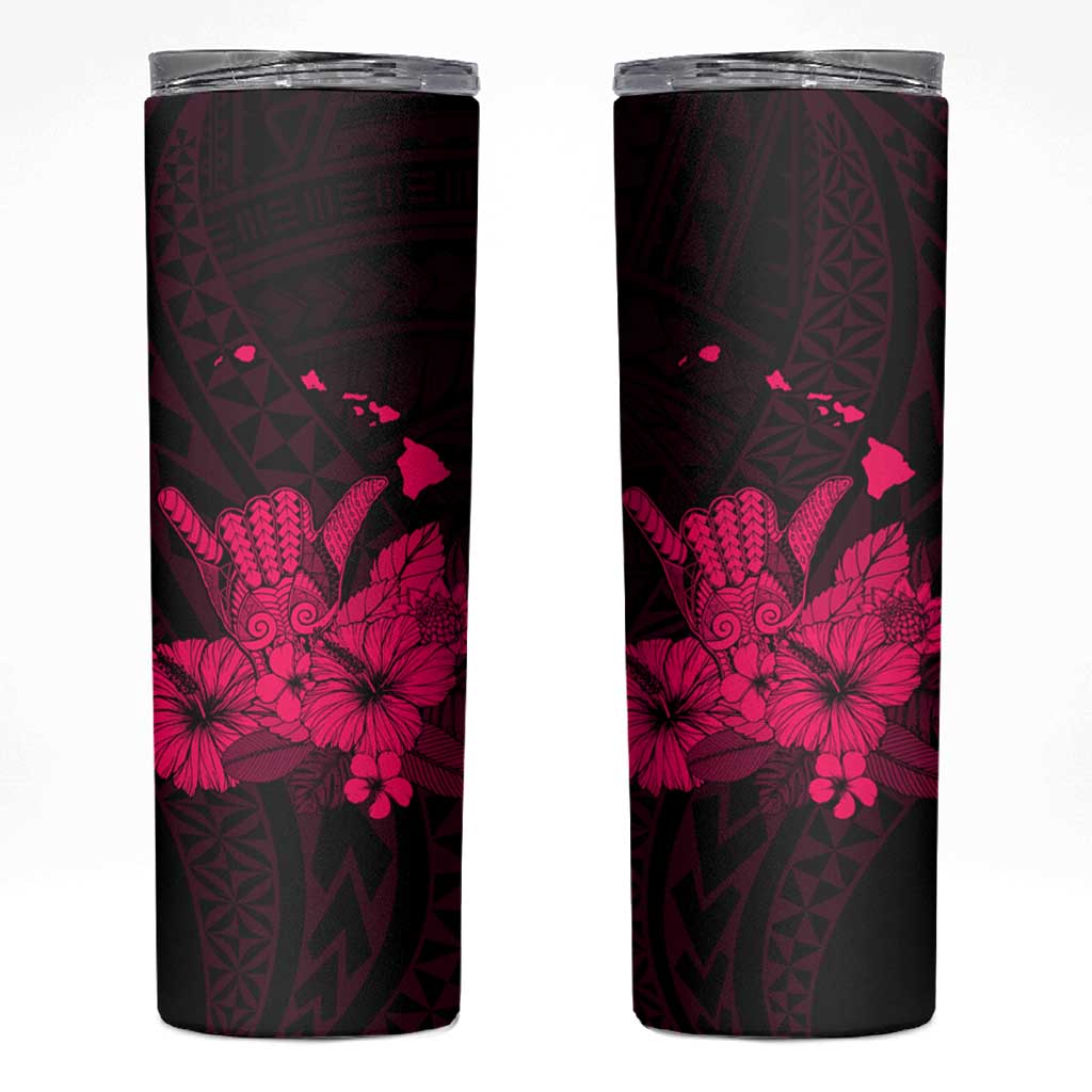 Pink Hawaiian Hibiscus Shaka Sign Skinny Tumbler