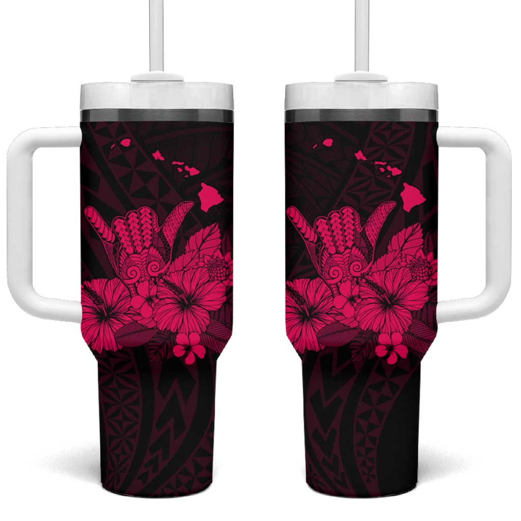 Pink Hawaiian Hibiscus Shaka Sign Tumbler With Handle