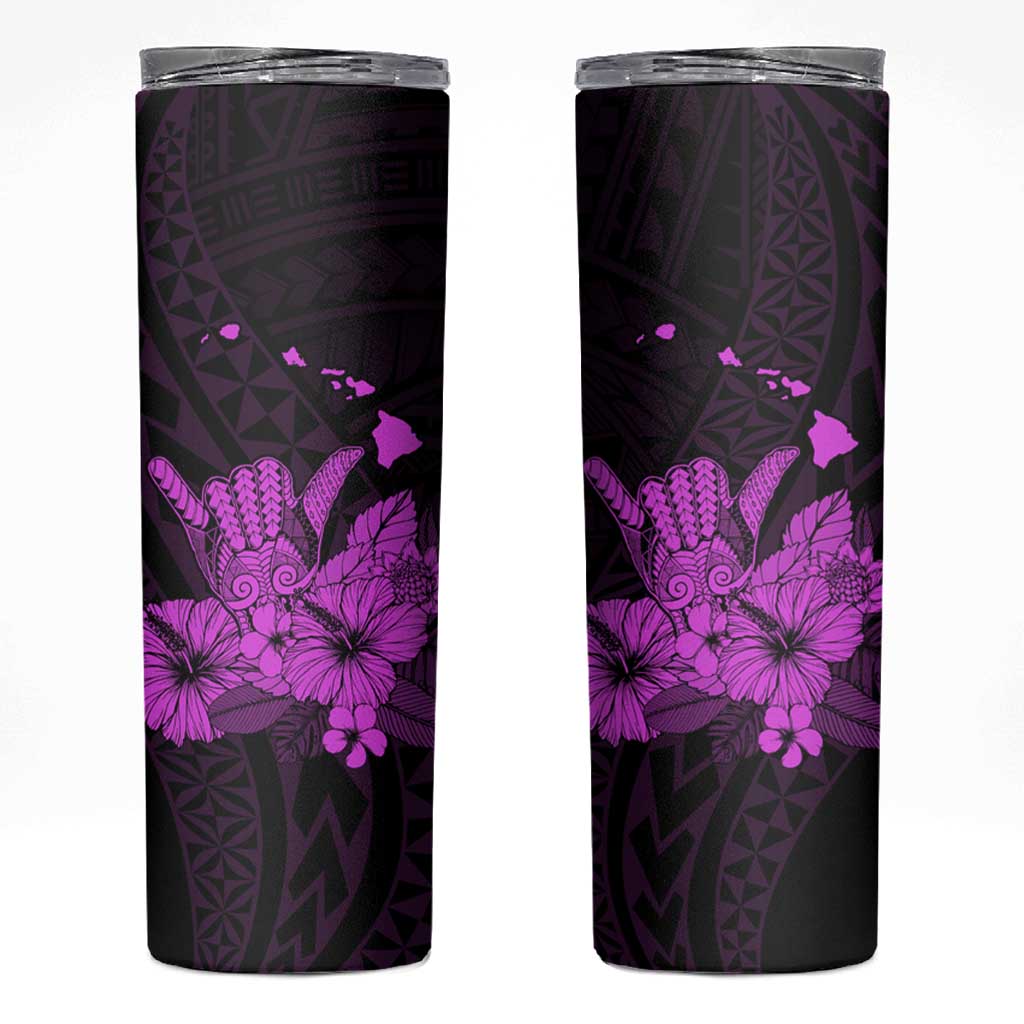 Purple Hawaiian Hibiscus Shaka Sign Skinny Tumbler