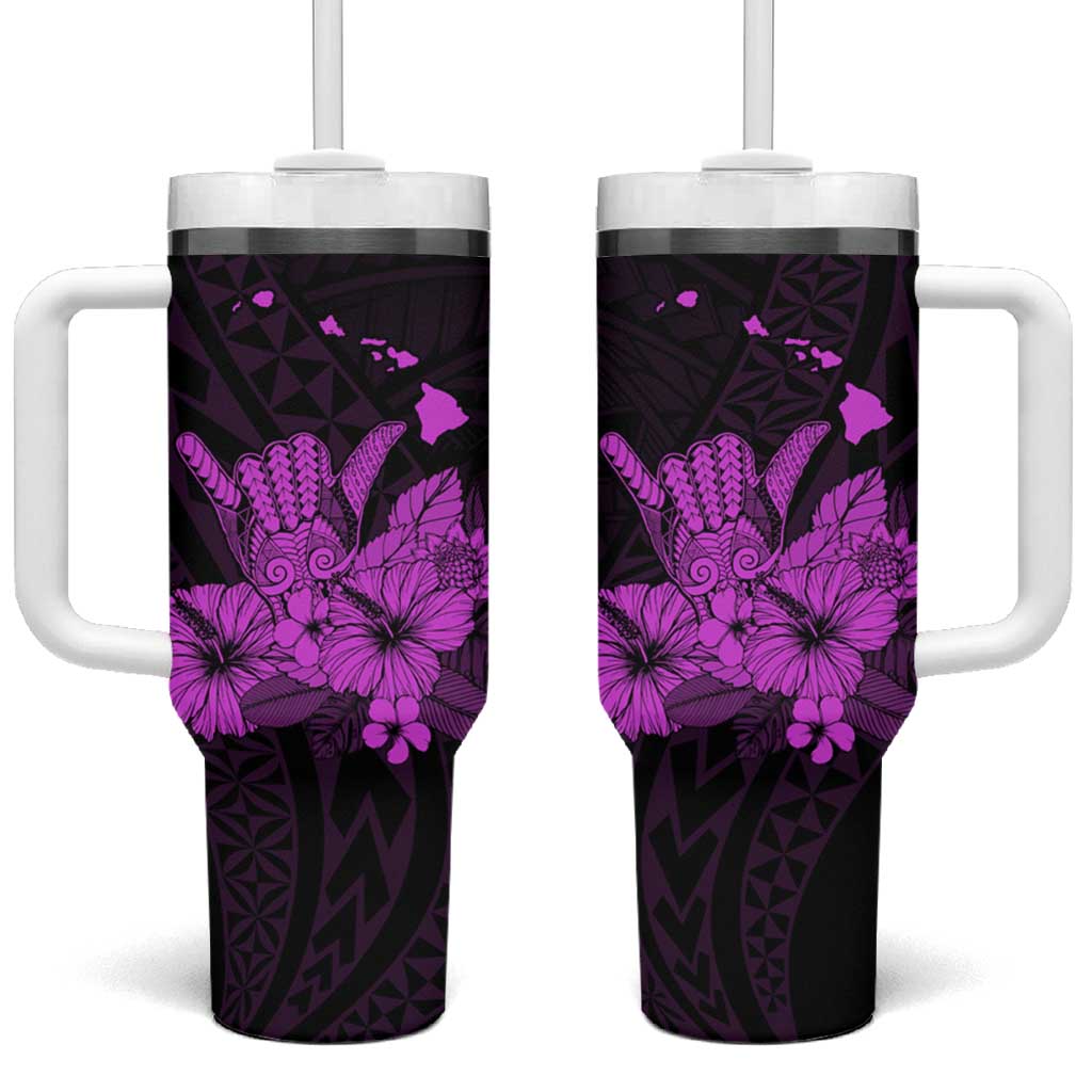 Purple Hawaiian Hibiscus Shaka Sign Tumbler With Handle