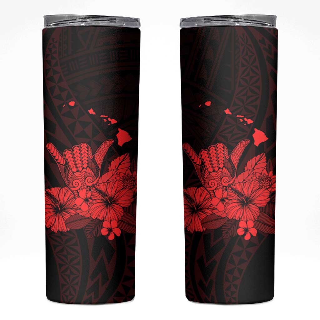 Red Hawaiian Hibiscus Shaka Sign Skinny Tumbler