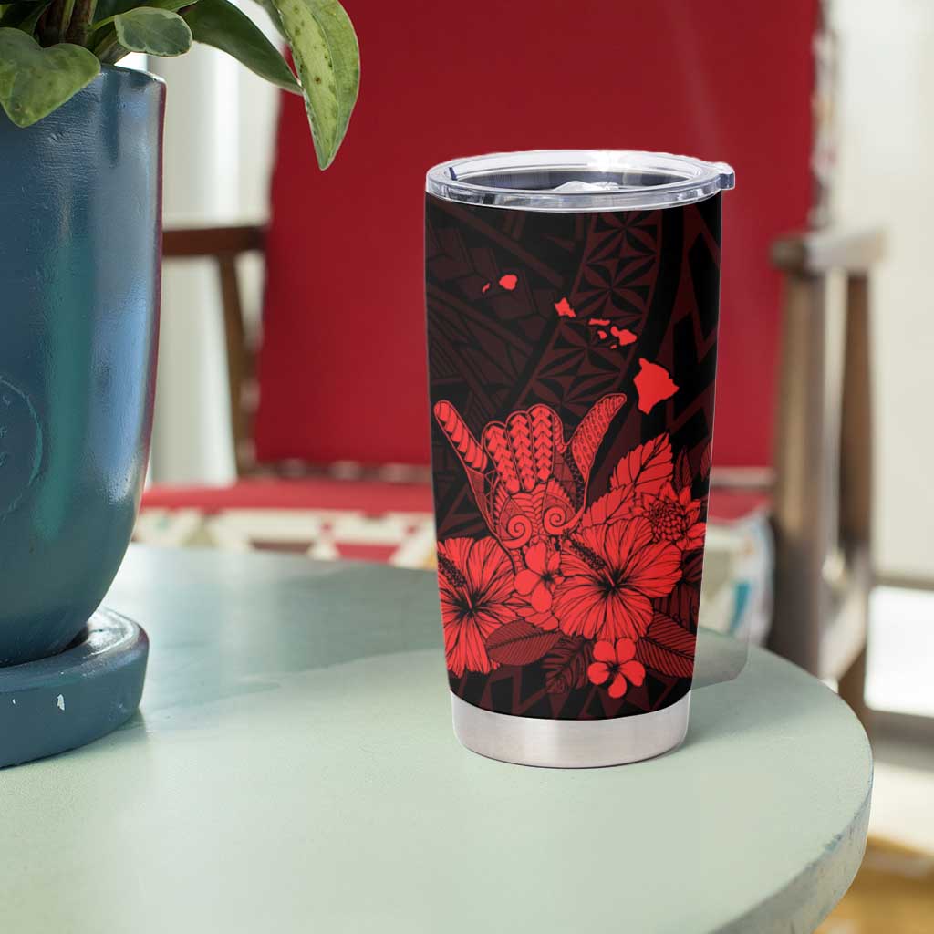 Red Hawaiian Hibiscus Shaka Sign Tumbler Cup