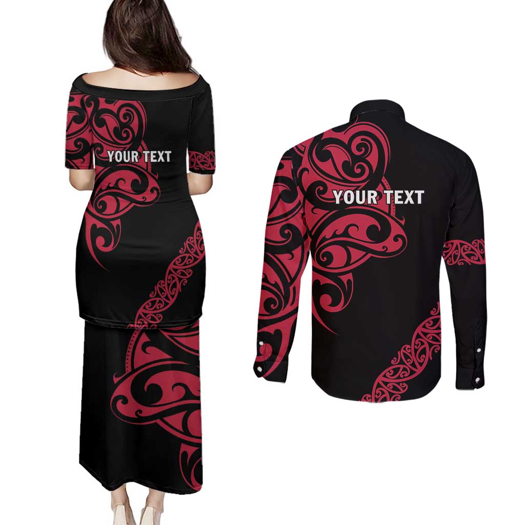 All Black Maori Tribal Tattoo Personalised Couples Matching Puletasi and Long Sleeve Button Shirt Classic Red Polynesian Style - Polynesian Pride