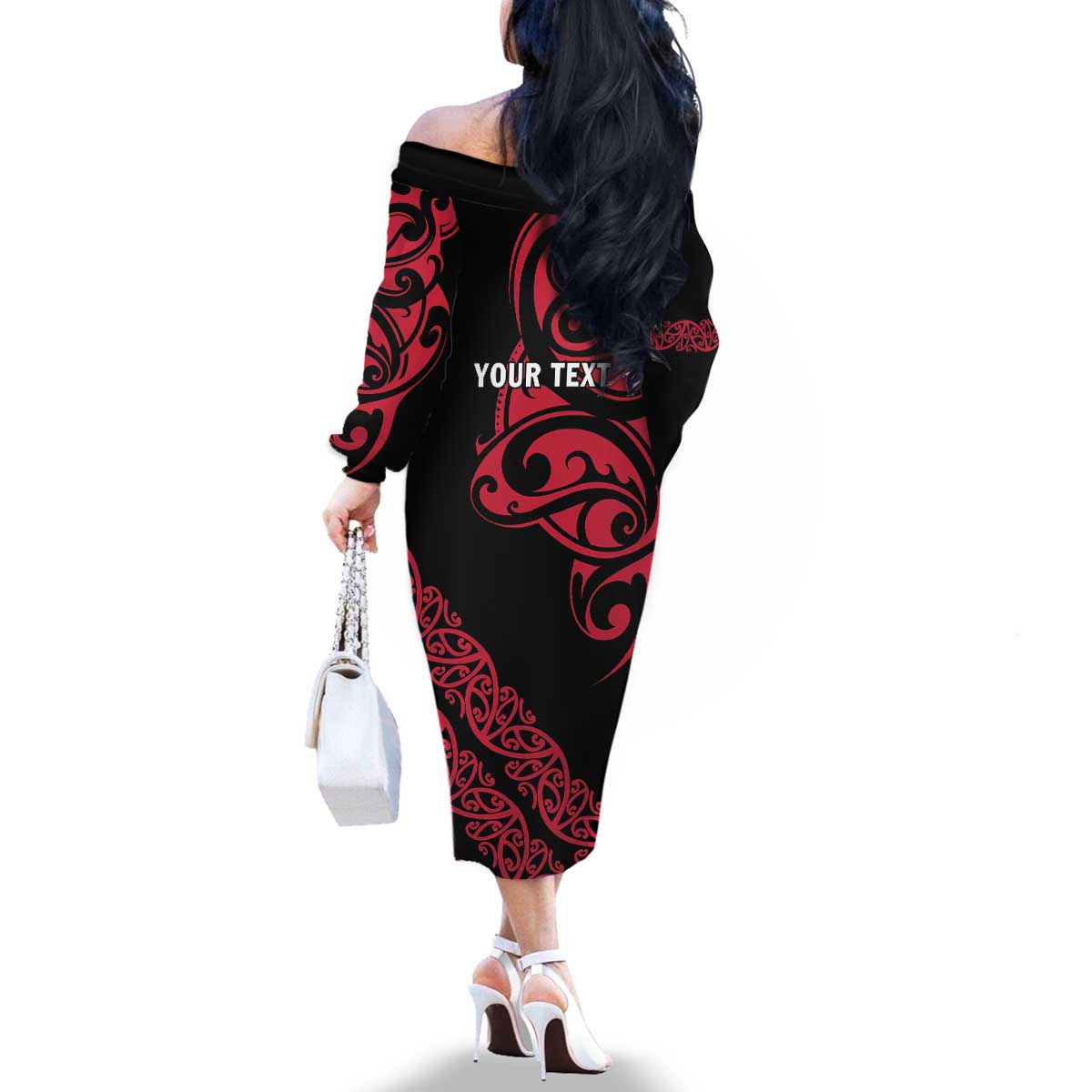 All Black Maori Tribal Tattoo Personalised Family Matching Off The Shoulder Long Sleeve Dress and Hawaiian Shirt Classic Red Polynesian Style - Polynesian Pride