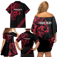 All Black Maori Tribal Tattoo Personalised Family Matching Off Shoulder Short Dress and Hawaiian Shirt Classic Red Polynesian Style - Polynesian Pride