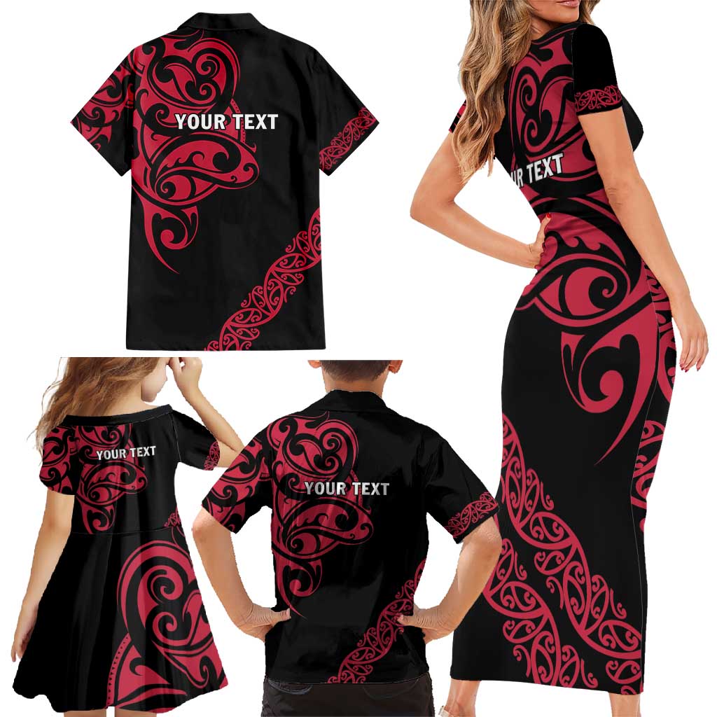 All Black Maori Tribal Tattoo Personalised Family Matching Short Sleeve Bodycon Dress and Hawaiian Shirt Classic Red Polynesian Style - Polynesian Pride