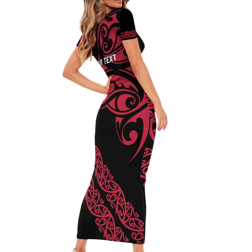 All Black Maori Tribal Tattoo Personalised Family Matching Short Sleeve Bodycon Dress and Hawaiian Shirt Classic Red Polynesian Style - Polynesian Pride