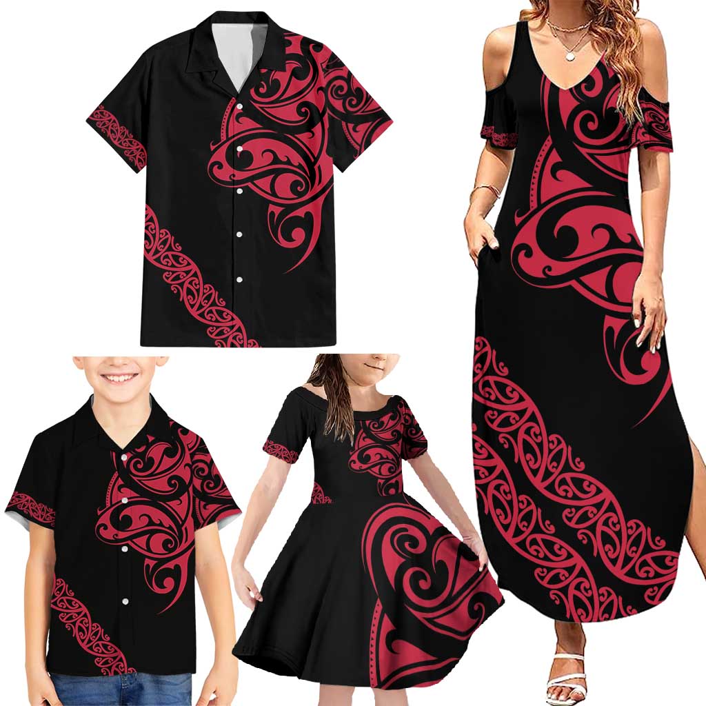 All Black Maori Tribal Tattoo Personalised Family Matching Summer Maxi Dress and Hawaiian Shirt Classic Red Polynesian Style - Polynesian Pride