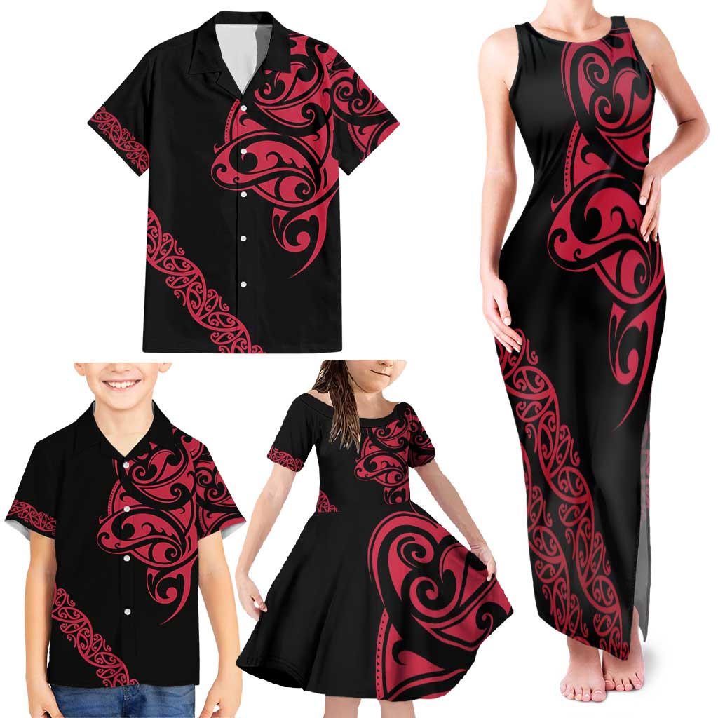All Black Maori Tribal Tattoo Personalised Family Matching Tank Maxi Dress and Hawaiian Shirt Classic Red Polynesian Style - Polynesian Pride
