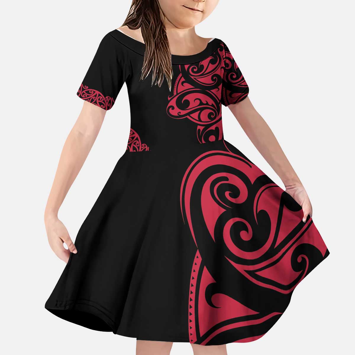 All Black Maori Tribal Tattoo Personalised Kid Short Sleeve Dress Classic Red Polynesian Style LT9 KID Red - Polynesian Pride