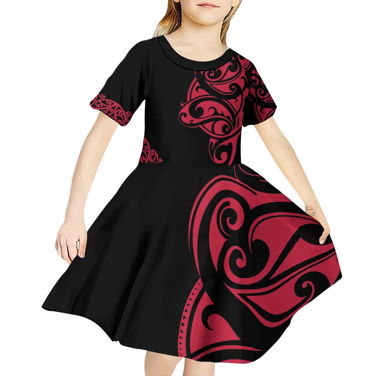 All Black Maori Tribal Tattoo Personalised Kid Short Sleeve Dress Classic Red Polynesian Style LT9 - Polynesian Pride