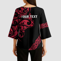 All Black Maori Tribal Tattoo Personalised Kimono Sleeve Blouse Classic Red Polynesian Style - Polynesian Pride