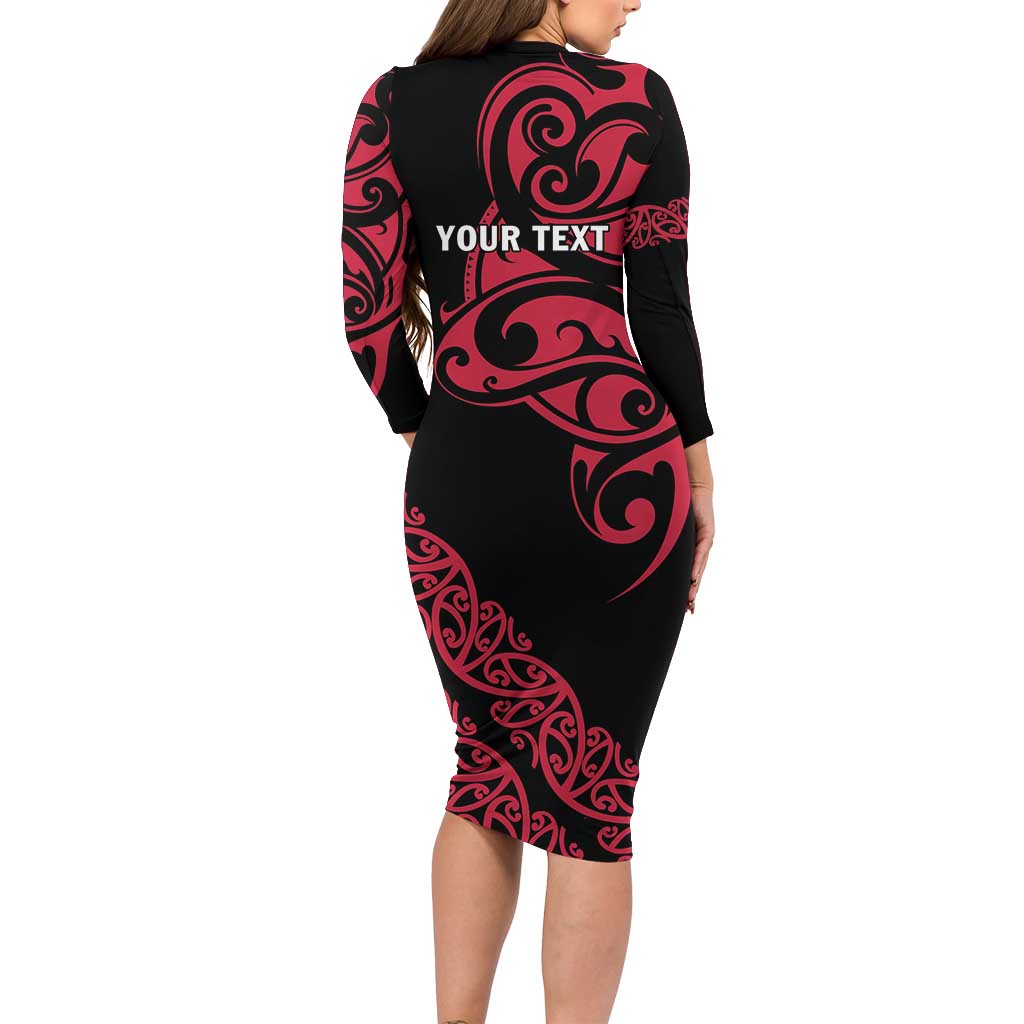 All Black Maori Tribal Tattoo Personalised Long Sleeve Bodycon Dress Classic Red Polynesian Style - Polynesian Pride