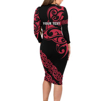All Black Maori Tribal Tattoo Personalised Long Sleeve Bodycon Dress Classic Red Polynesian Style - Polynesian Pride