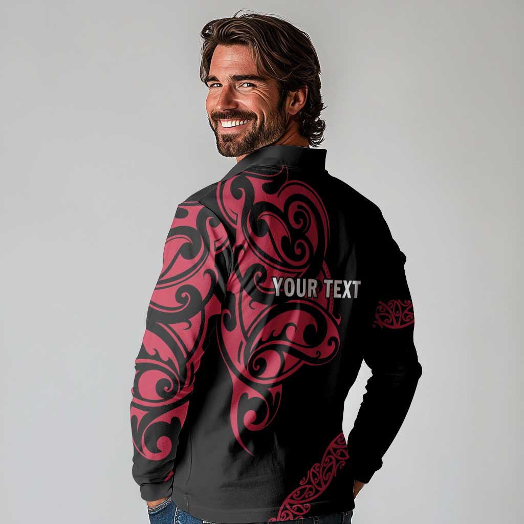 All Black Maori Tribal Tattoo Personalised Long Sleeve Polo Shirt Classic Red Polynesian Style - Polynesian Pride
