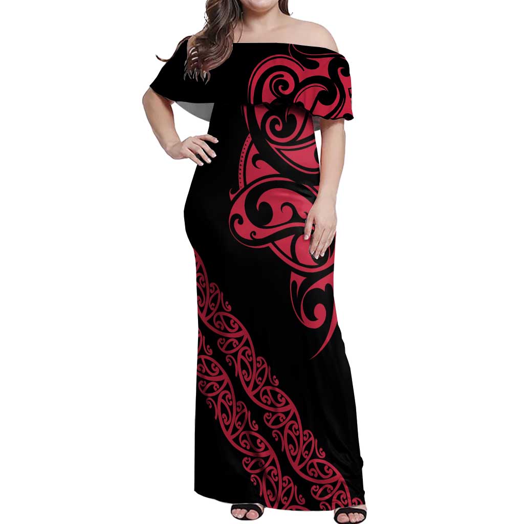 All Black Maori Tribal Tattoo Personalised Off Shoulder Maxi Dress Classic Red Polynesian Style - Polynesian Pride