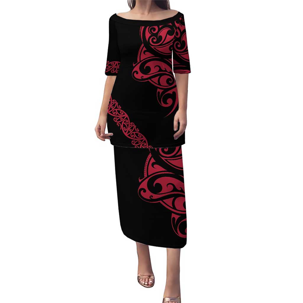 All Black Maori Tribal Tattoo Personalised Puletasi Classic Red Polynesian Style - Polynesian Pride