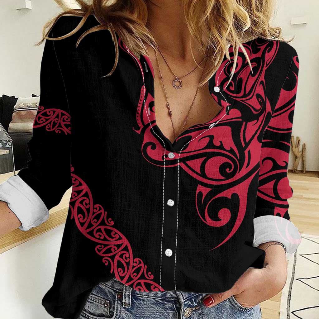 All Black Maori Tribal Tattoo Personalised Women Casual Shirt Classic Red Polynesian Style - Polynesian Pride