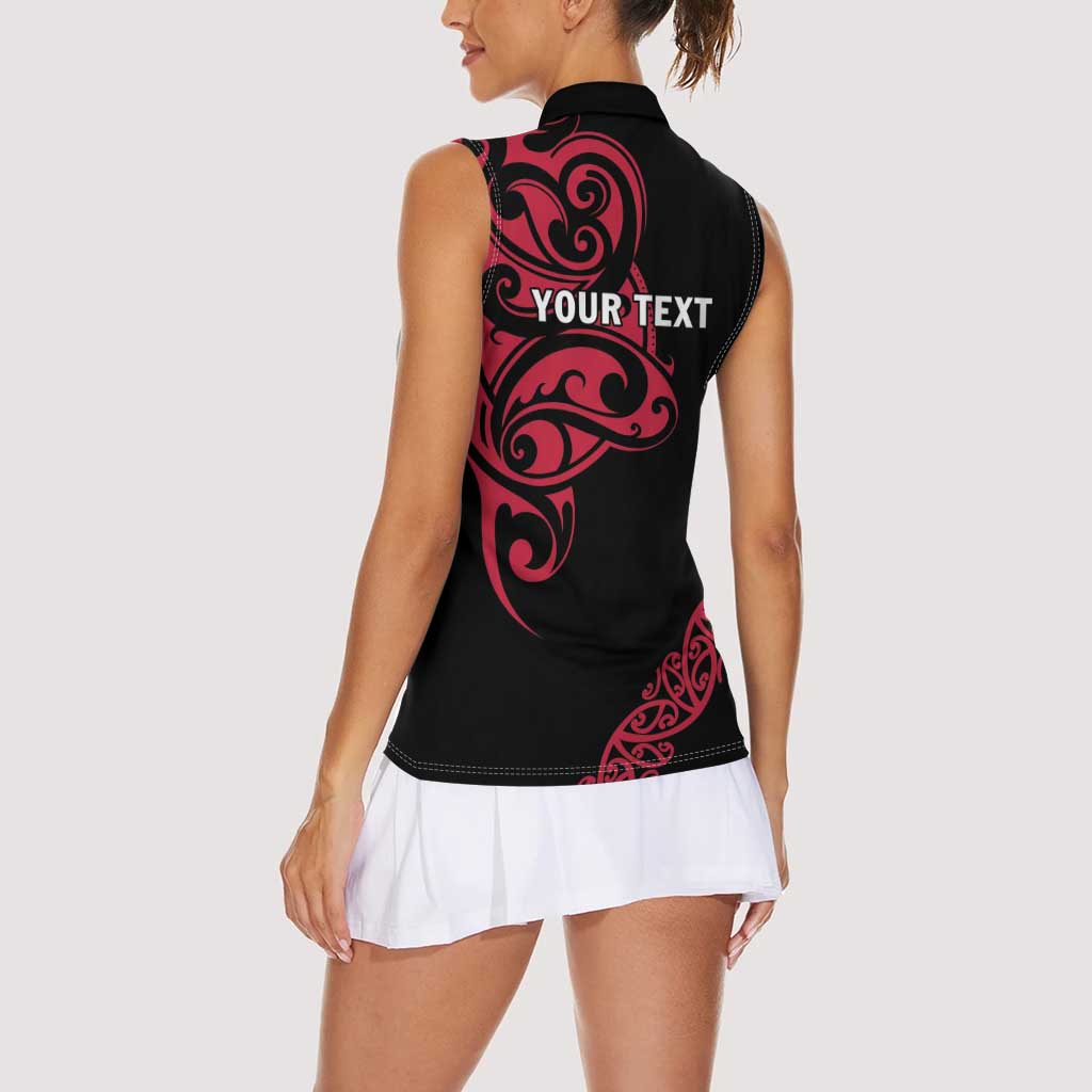 All Black Maori Tribal Tattoo Personalised Women Sleeveless Polo Shirt Classic Red Polynesian Style - Polynesian Pride