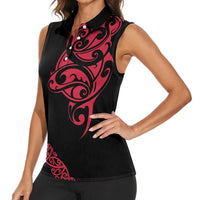 All Black Maori Tribal Tattoo Personalised Women Sleeveless Polo Shirt Classic Red Polynesian Style - Polynesian Pride
