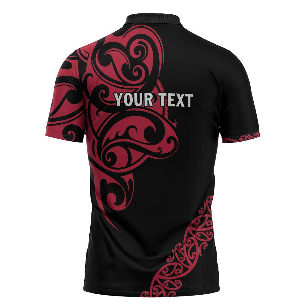 All Black Maori Tribal Tattoo Personalised Zipper Polo Shirt Classic Red Polynesian Style - Polynesian Pride