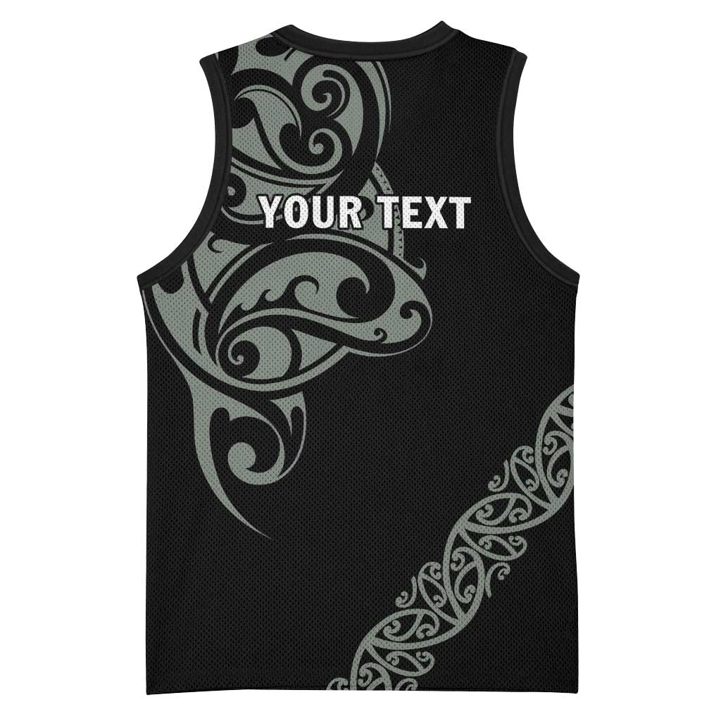 All Black Maori Tribal Tattoo Personalised Basketball Jersey Moss Green Polynesian Style - Polynesian Pride
