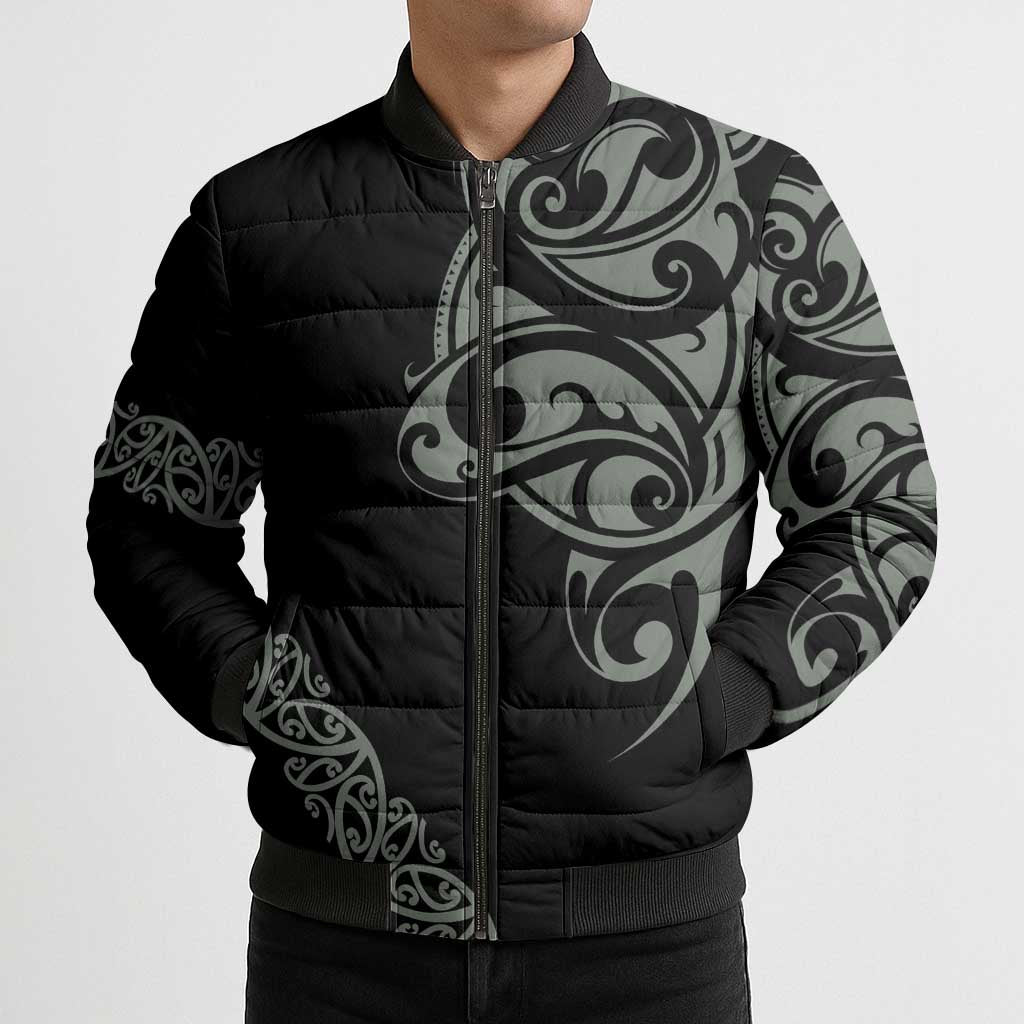All Black Maori Tribal Tattoo Personalised Bomber Puffer Jacket Moss Green Polynesian Style - Polynesian Pride
